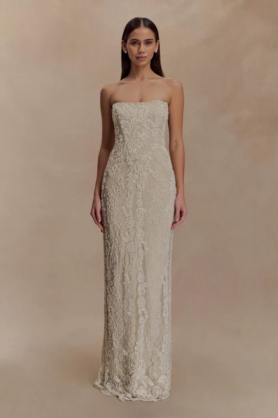 Eva Hand Beaded Pearl & Lace Maxi Dress – White Eva Hand Beaded Pearl & Lace Maxi Dress – White