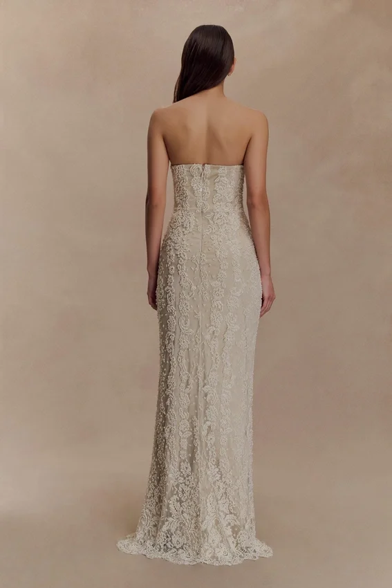 Eva Hand Beaded Pearl & Lace Maxi Dress – White Eva Hand Beaded Pearl & Lace Maxi Dress – White