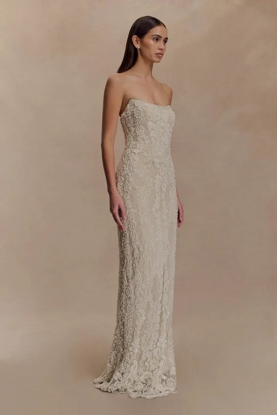 Eva Hand Beaded Pearl & Lace Maxi Dress – White Eva Hand Beaded Pearl & Lace Maxi Dress – White