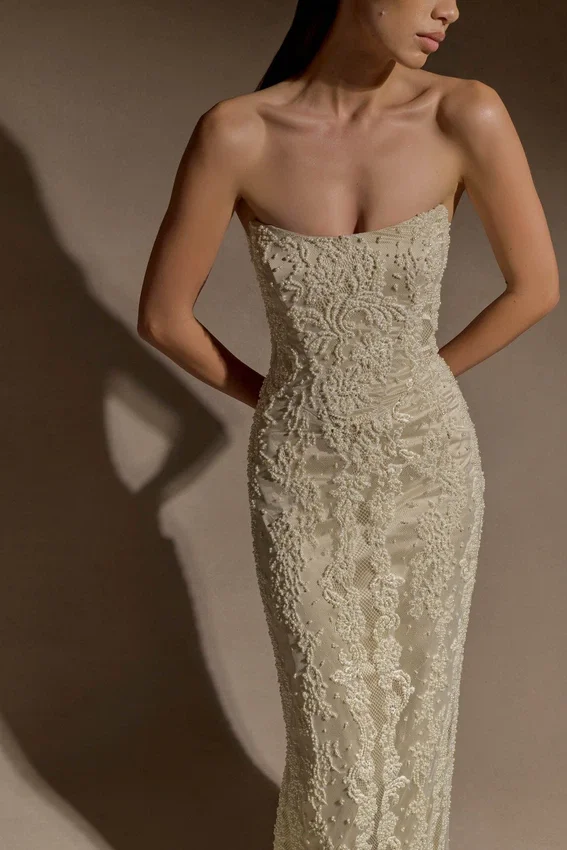 Eva Hand Beaded Pearl & Lace Maxi Dress – White Eva Hand Beaded Pearl & Lace Maxi Dress – White