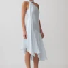 Evelina Halter Asymmetric Hem Midi Dress – Ice Blue
