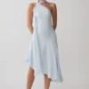 Evelina Halter Asymmetric Hem Midi Dress – Ice Blue