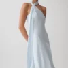 Evelina Halter Asymmetric Hem Midi Dress – Ice Blue