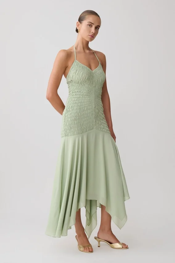 Evelyn Shirred Chiffon Maxi Dress – Sage Evelyn Shirred Chiffon Maxi Dress – Sage