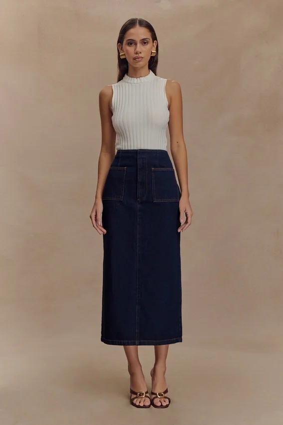 Fallon Denim Midi Skirt – Indigo Blue Fallon Denim Midi Skirt – Indigo Blue
