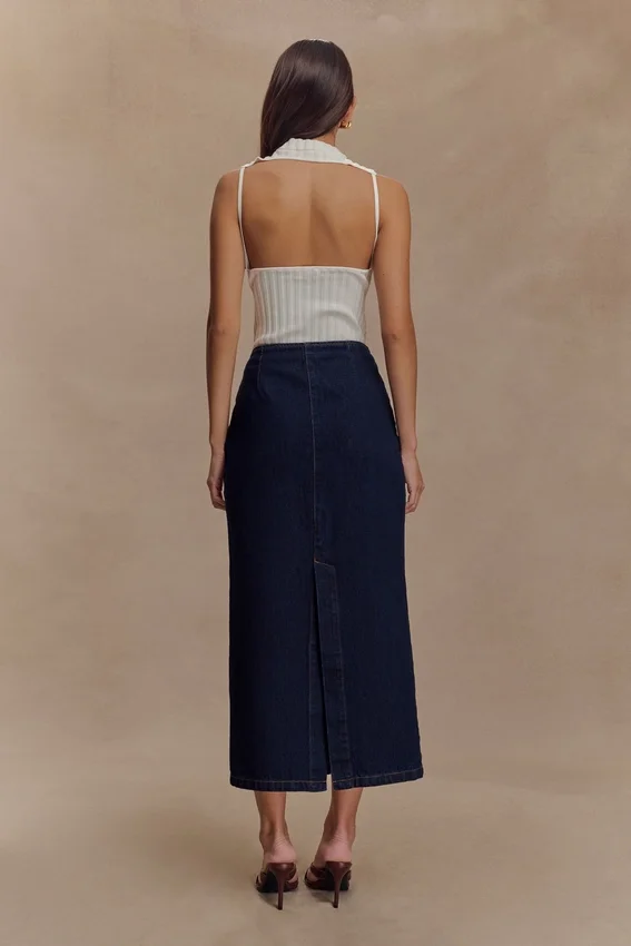 Fallon Denim Midi Skirt – Indigo Blue Fallon Denim Midi Skirt – Indigo Blue