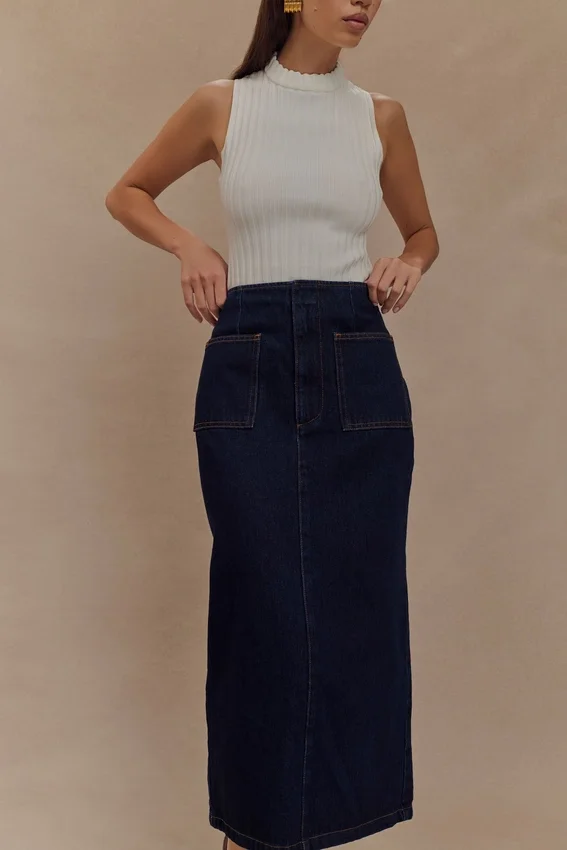 Fallon Denim Midi Skirt – Indigo Blue Fallon Denim Midi Skirt – Indigo Blue