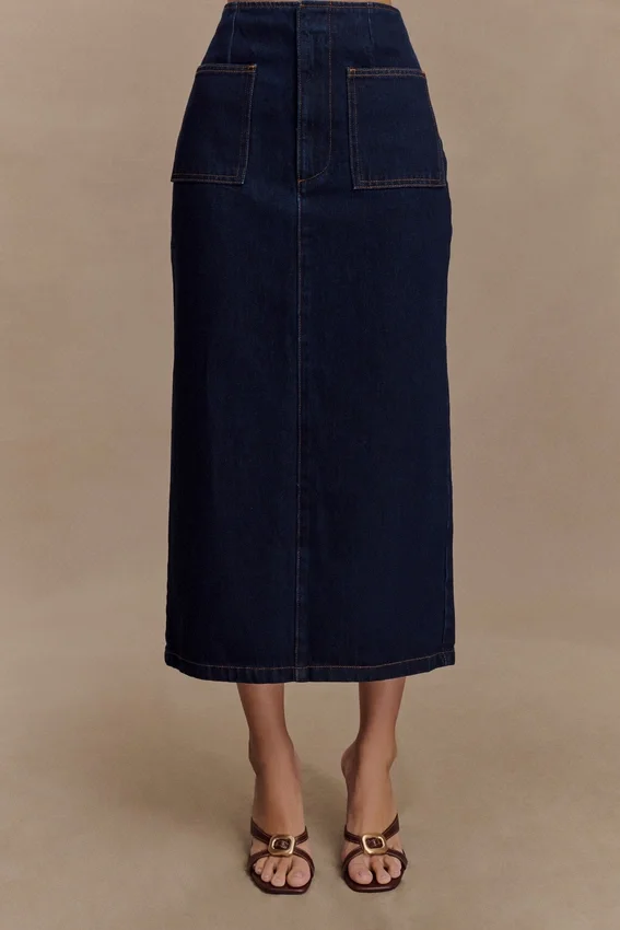 Fallon Denim Midi Skirt – Indigo Blue Fallon Denim Midi Skirt – Indigo Blue
