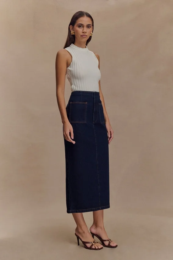Fallon Denim Midi Skirt – Indigo Blue Fallon Denim Midi Skirt – Indigo Blue