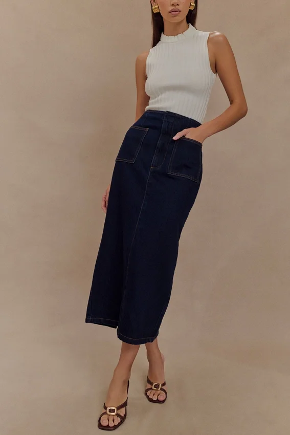 Fallon Denim Midi Skirt – Indigo Blue Fallon Denim Midi Skirt – Indigo Blue