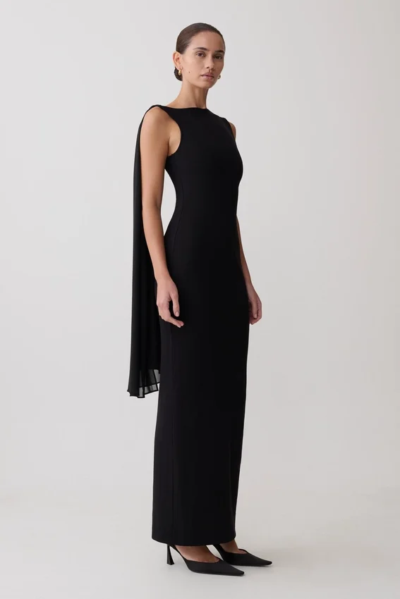 Farid Bandage Midi Dress With Chiffon – Black Farid Bandage Midi Dress With Chiffon – Black