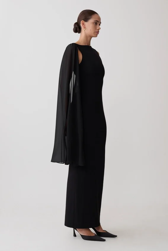 Farid Bandage Midi Dress With Chiffon – Black Farid Bandage Midi Dress With Chiffon – Black