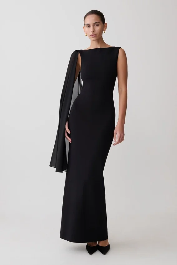 Farid Bandage Midi Dress With Chiffon – Black Farid Bandage Midi Dress With Chiffon – Black