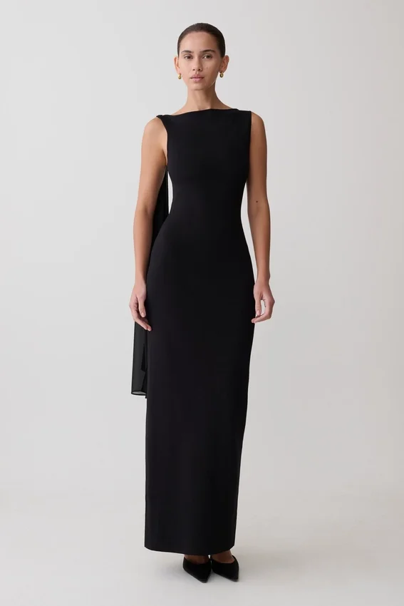 Farid Bandage Midi Dress With Chiffon – Black Farid Bandage Midi Dress With Chiffon – Black