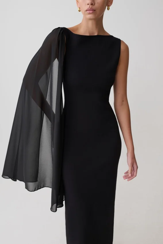 Farid Bandage Midi Dress With Chiffon – Black Farid Bandage Midi Dress With Chiffon – Black