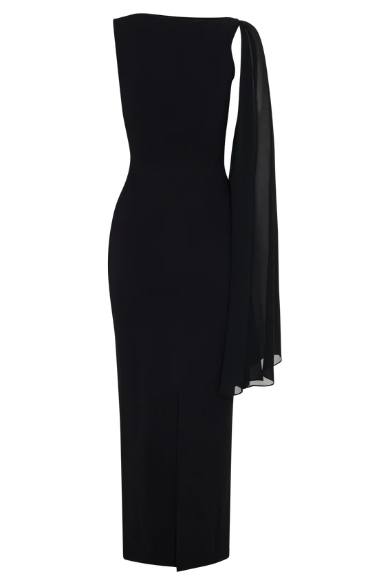 Farid Bandage Midi Dress With Chiffon – Black Farid Bandage Midi Dress With Chiffon – Black