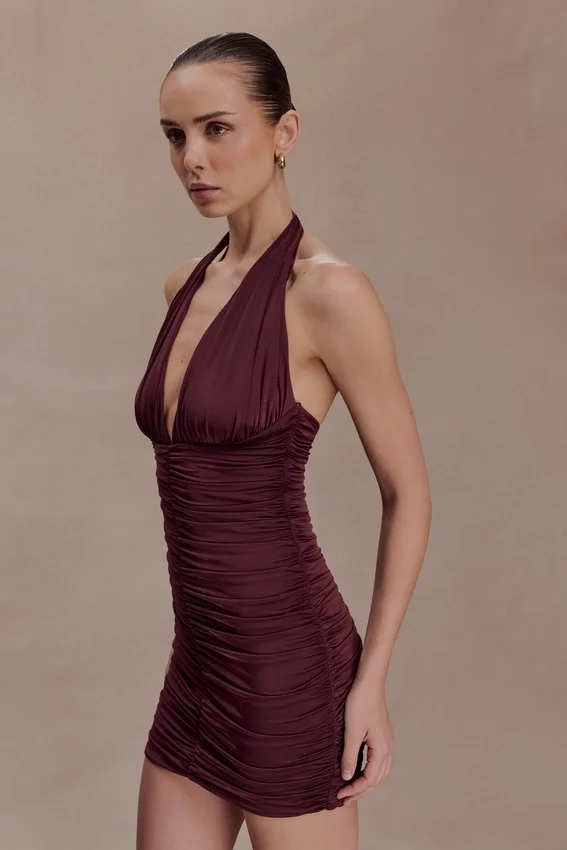 Fleur Ruched Slinky Mini Dress – Mahogany Fleur Ruched Slinky Mini Dress – Mahogany