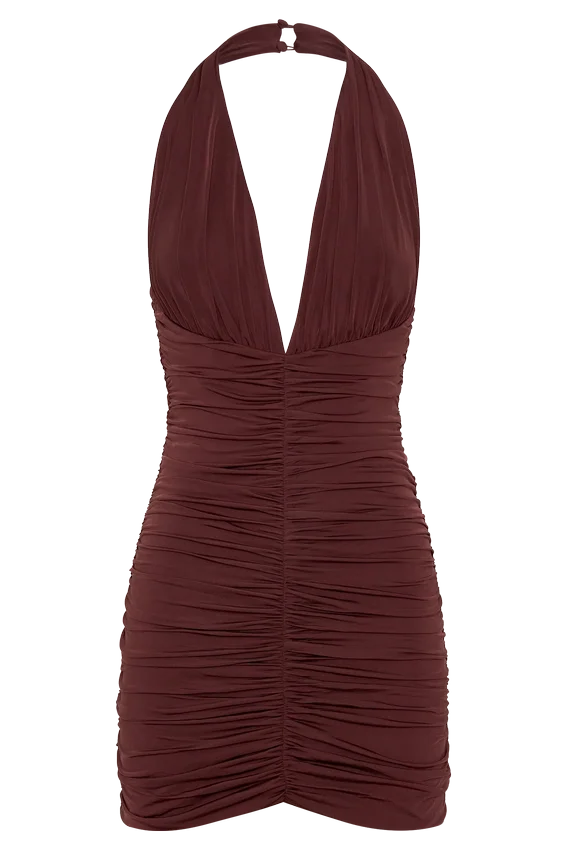 Fleur Ruched Slinky Mini Dress – Mahogany Fleur Ruched Slinky Mini Dress – Mahogany