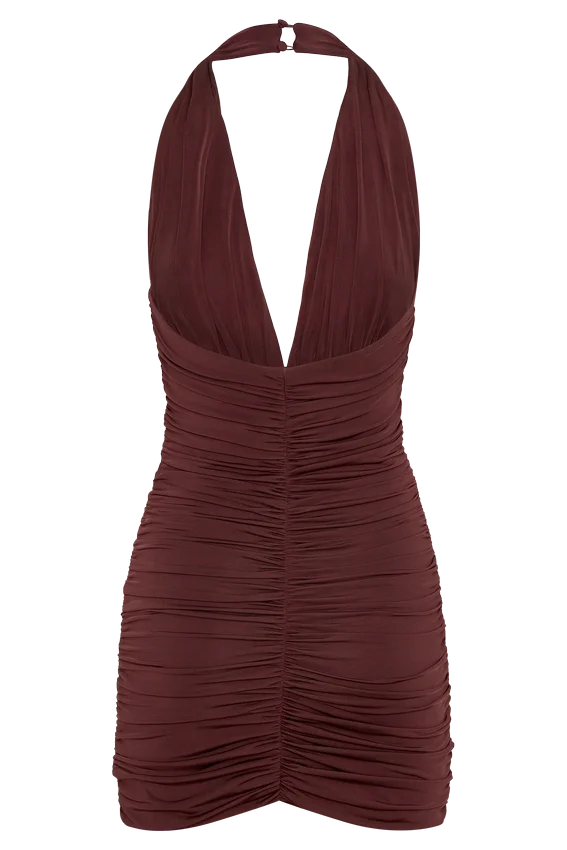 Fleur Ruched Slinky Mini Dress – Mahogany Fleur Ruched Slinky Mini Dress – Mahogany