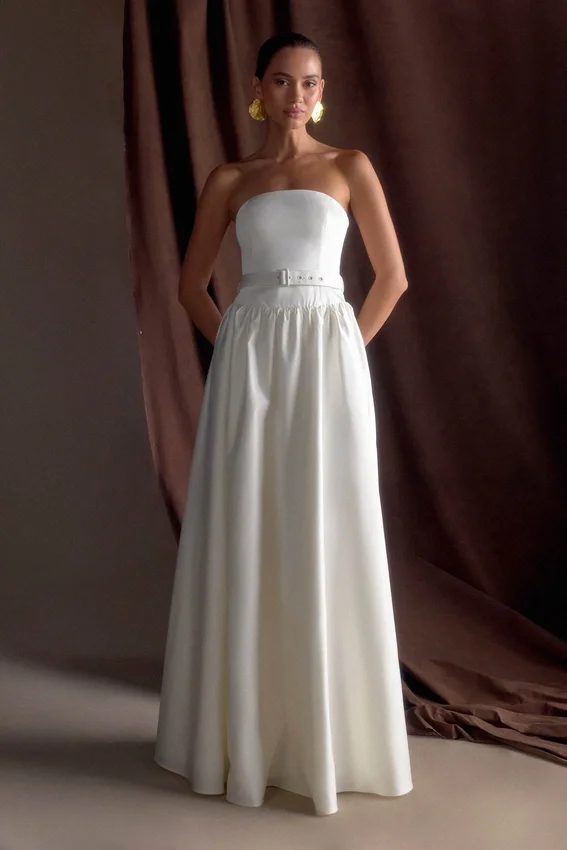 Florence Strapless Belted Maxi Dress – White Florence Strapless Belted Maxi Dress – White