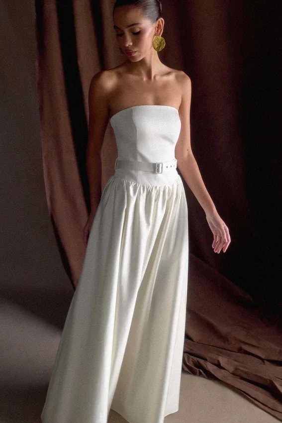Florence Strapless Belted Maxi Dress – White Florence Strapless Belted Maxi Dress – White