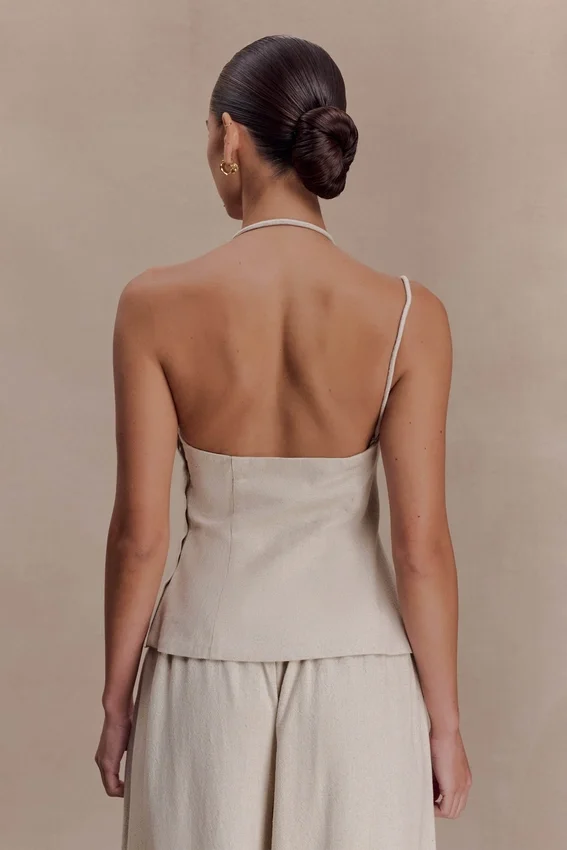 Gabby Asymmetrical Neckline Linen Beaded Top – Natural Gabby Asymmetrical Neckline Linen Beaded Top – Natural