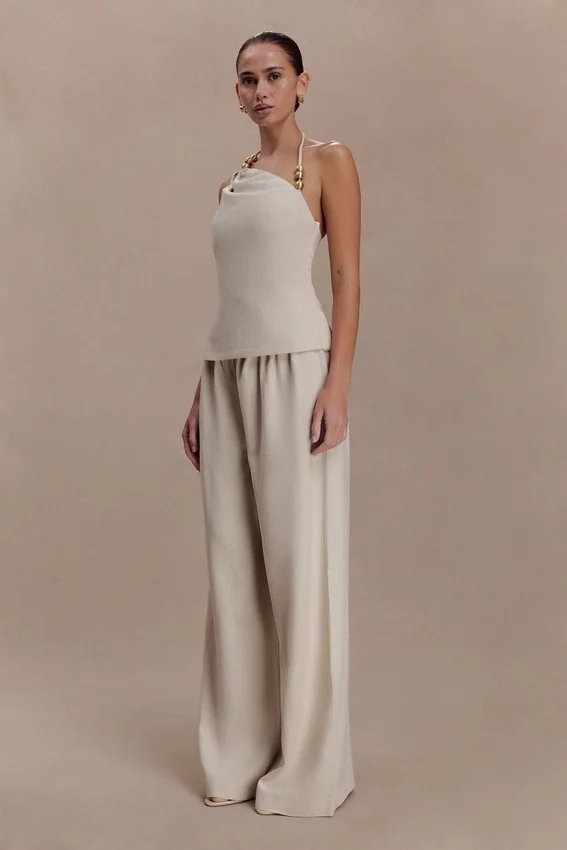 Gabby Asymmetrical Neckline Linen Beaded Top – Natural Gabby Asymmetrical Neckline Linen Beaded Top – Natural
