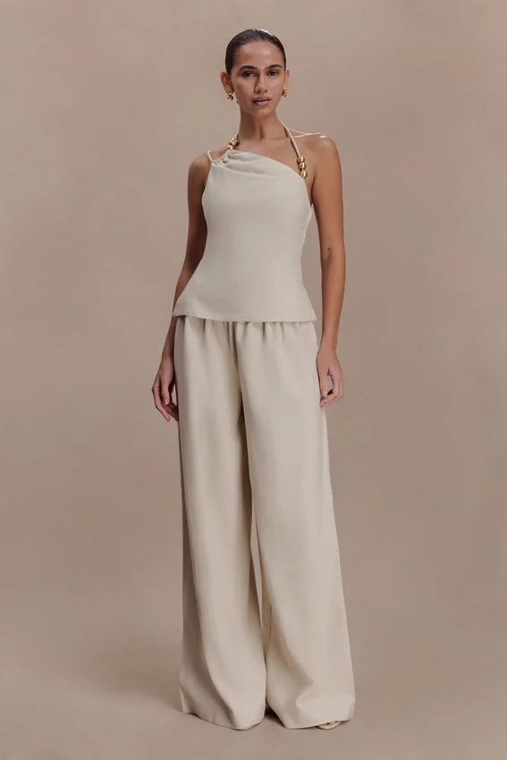 Gabby Asymmetrical Neckline Linen Beaded Top – Natural Gabby Asymmetrical Neckline Linen Beaded Top – Natural