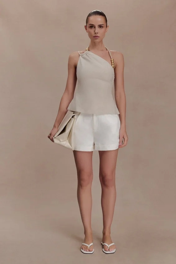 Gabby Asymmetrical Neckline Linen Beaded Top – Natural Gabby Asymmetrical Neckline Linen Beaded Top – Natural