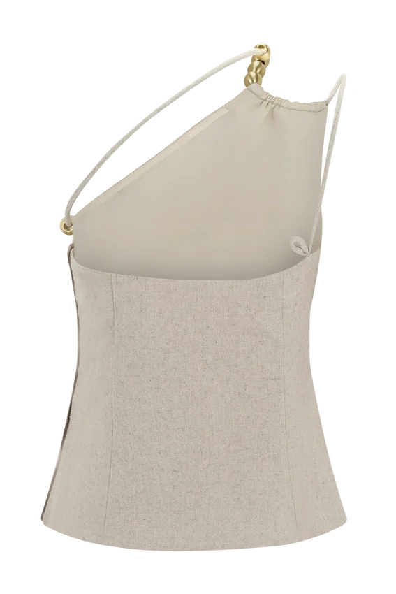 Gabby Asymmetrical Neckline Linen Beaded Top – Natural Gabby Asymmetrical Neckline Linen Beaded Top – Natural