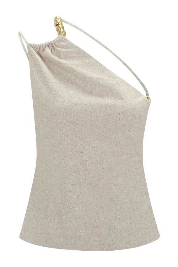 Gabby Asymmetrical Neckline Linen Beaded Top – Natural Gabby Asymmetrical Neckline Linen Beaded Top – Natural