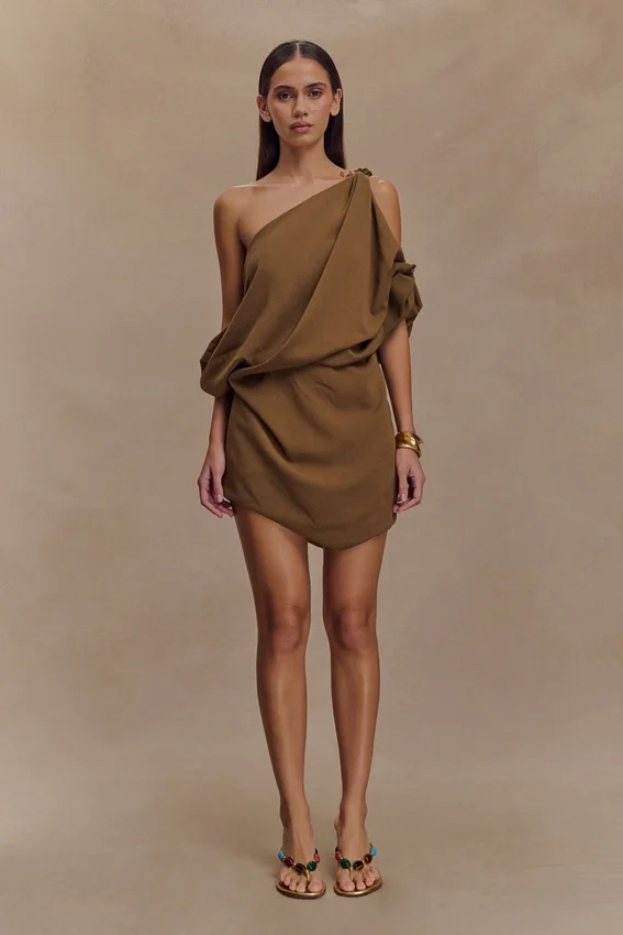 Gabriella Draped Mini Dress – Light Brown Marle Gabriella Draped Mini Dress – Light Brown Marle