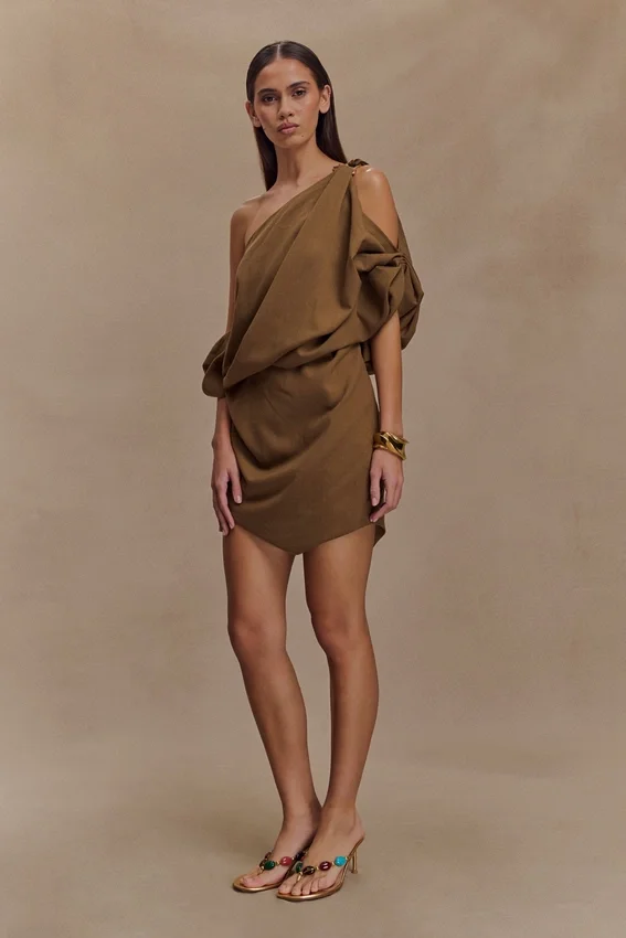 Gabriella Draped Mini Dress – Light Brown Marle Gabriella Draped Mini Dress – Light Brown Marle