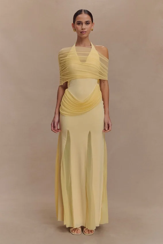 Gabrielle Slinky And Mesh Maxi Dress – Lemon Gabrielle Slinky And Mesh Maxi Dress – Lemon