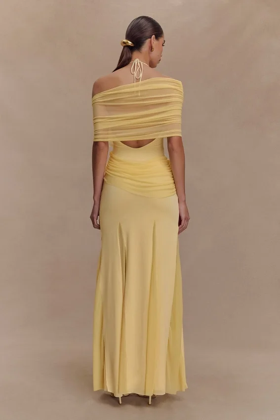 Gabrielle Slinky And Mesh Maxi Dress – Lemon Gabrielle Slinky And Mesh Maxi Dress – Lemon