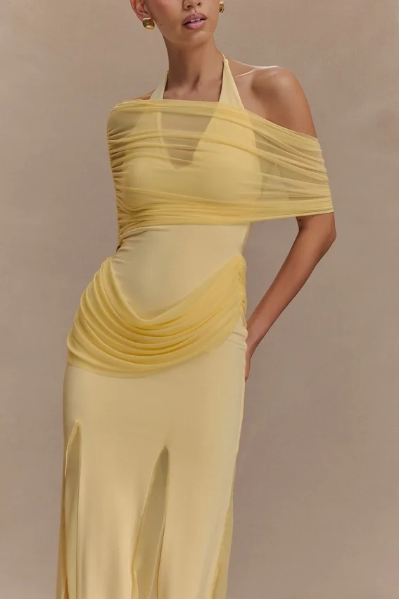 Gabrielle Slinky And Mesh Maxi Dress – Lemon Gabrielle Slinky And Mesh Maxi Dress – Lemon
