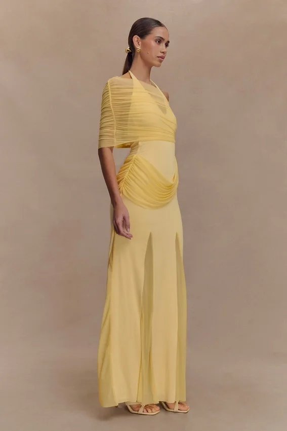 Gabrielle Slinky And Mesh Maxi Dress – Lemon Gabrielle Slinky And Mesh Maxi Dress – Lemon