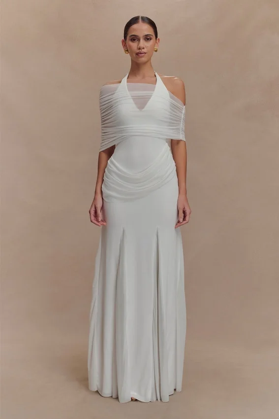 Gabrielle Slinky And Mesh Maxi Dress – White Gabrielle Slinky And Mesh Maxi Dress – White