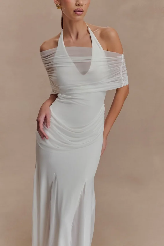 Gabrielle Slinky And Mesh Maxi Dress – White Gabrielle Slinky And Mesh Maxi Dress – White