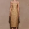 Gala Strapless Tweed Midi Dress – Gold Gala Strapless Tweed Midi Dress – Gold