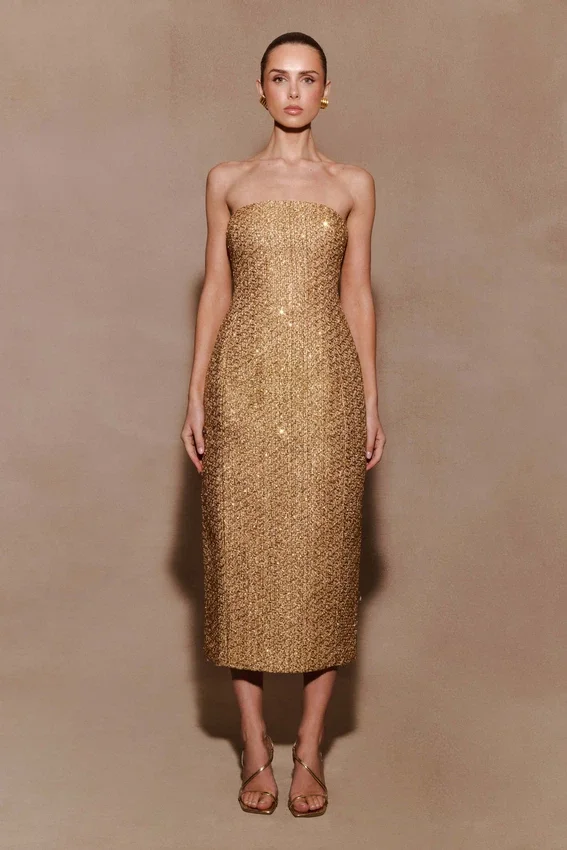 Gala Strapless Tweed Midi Dress – Gold Gala Strapless Tweed Midi Dress – Gold