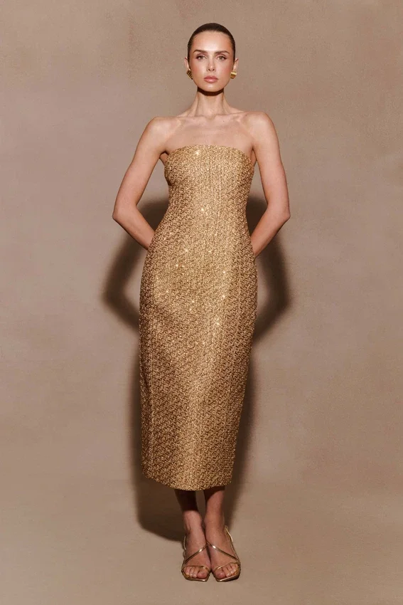Gala Strapless Tweed Midi Dress – Gold Gala Strapless Tweed Midi Dress – Gold