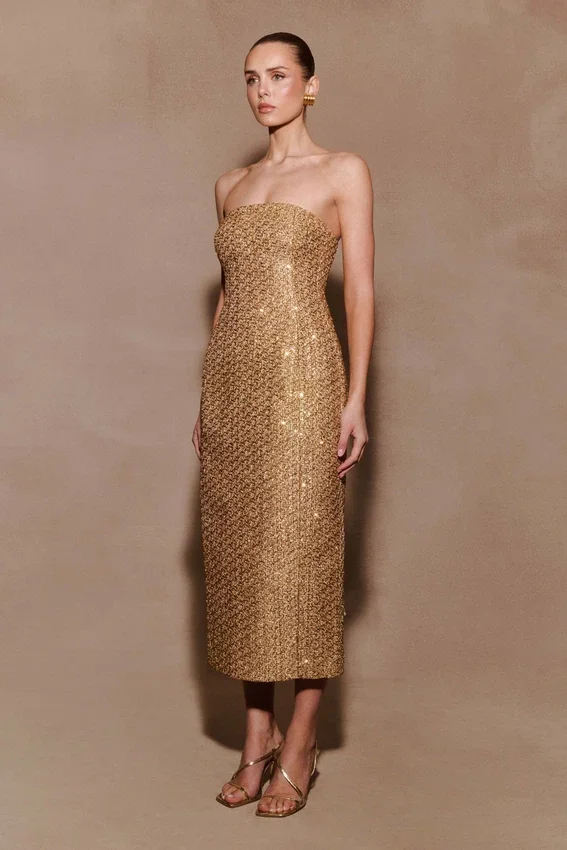 Gala Strapless Tweed Midi Dress – Gold Gala Strapless Tweed Midi Dress – Gold
