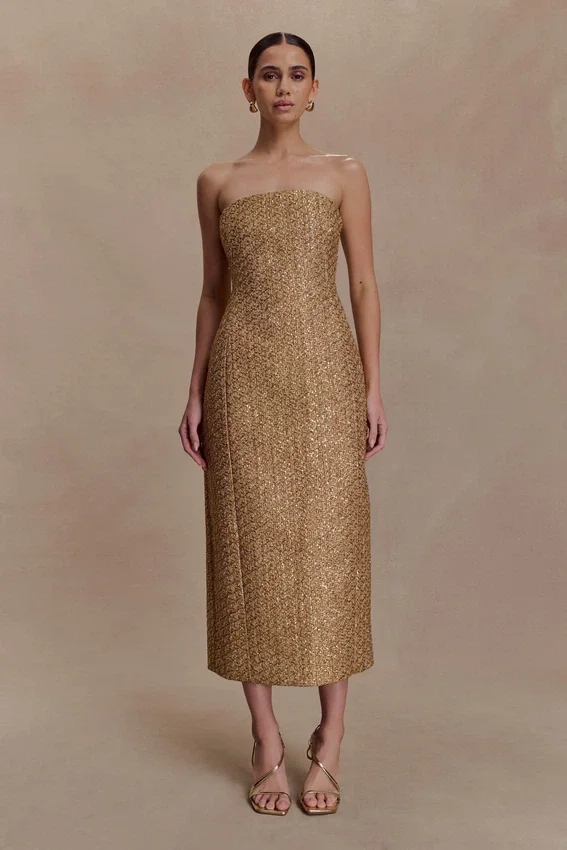 Gala Strapless Tweed Midi Dress – Gold Gala Strapless Tweed Midi Dress – Gold