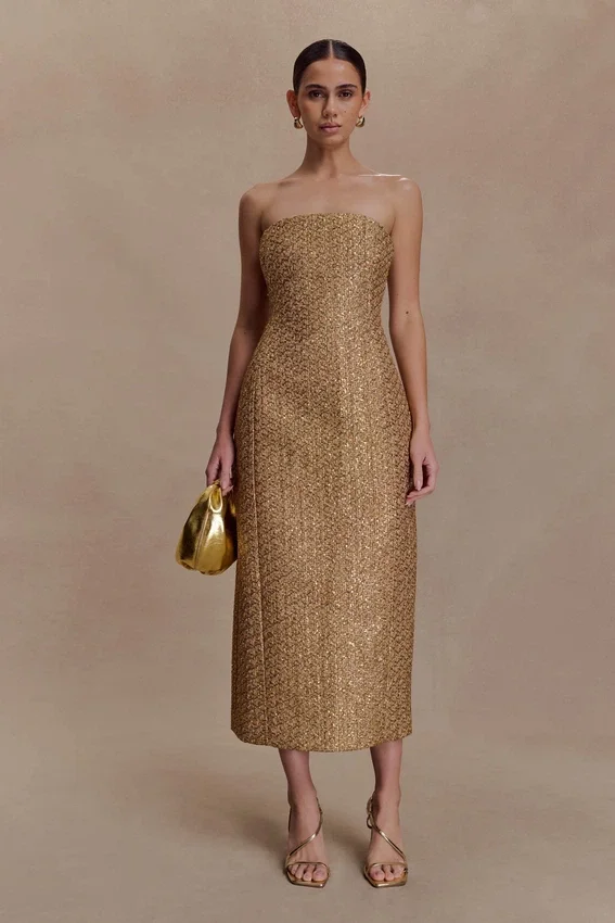 Gala Strapless Tweed Midi Dress – Gold Gala Strapless Tweed Midi Dress – Gold