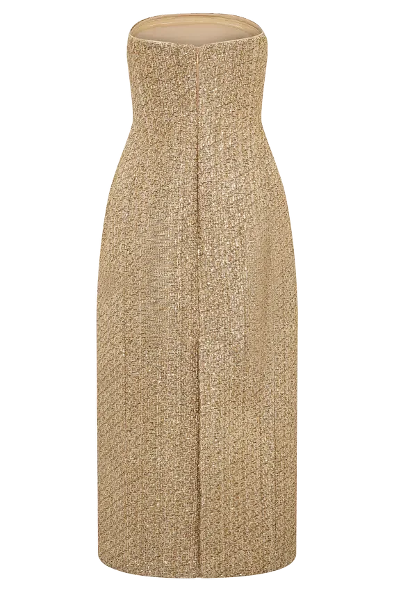 Gala Strapless Tweed Midi Dress – Gold Gala Strapless Tweed Midi Dress – Gold