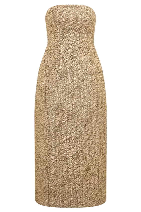 Gala Strapless Tweed Midi Dress – Gold Gala Strapless Tweed Midi Dress – Gold
