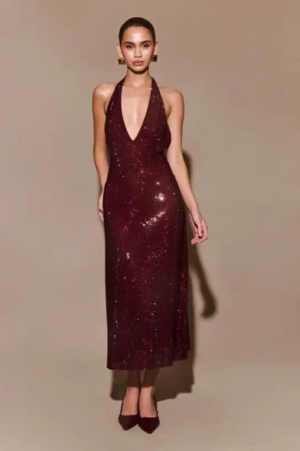 Genie Diamante Halter Midi Dress – Mahogany
