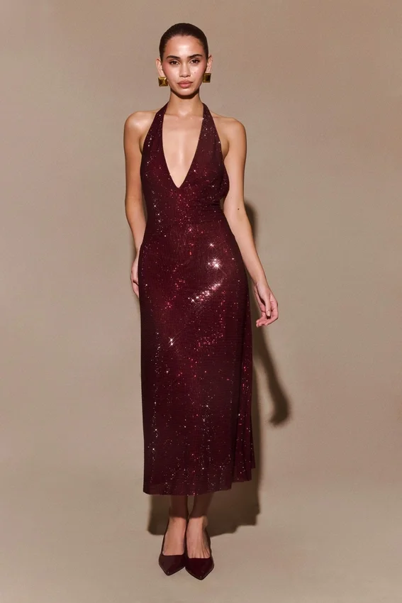 Genie Diamante Halter Midi Dress – Mahogany Genie Diamante Halter Midi Dress – Mahogany