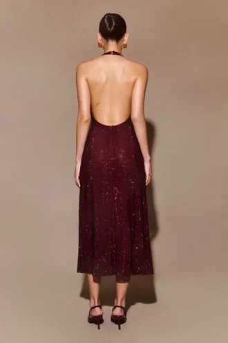 Genie Diamante Halter Midi Dress – Mahogany